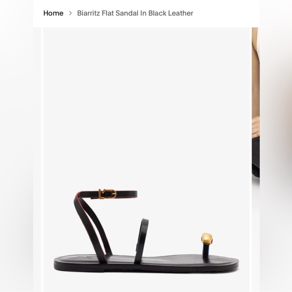 Biarritz Flat Sandal in Black Leather with Gold Accent